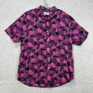 True Grit Shirt Mens Large Black Pink Hawaiian Tropical Seersucker Classic Beach